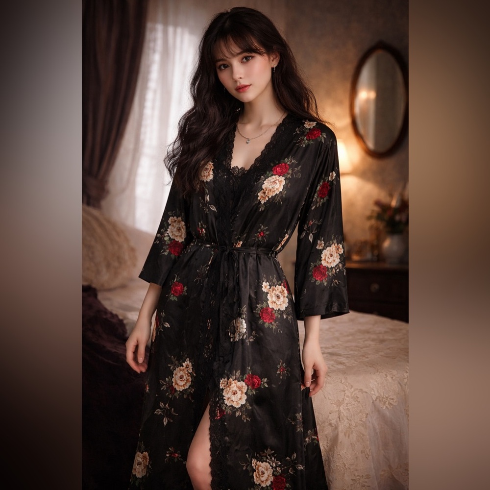 Vintage Adonna Black Floral Satin Robe Duster Lace Trim Long Robe Large